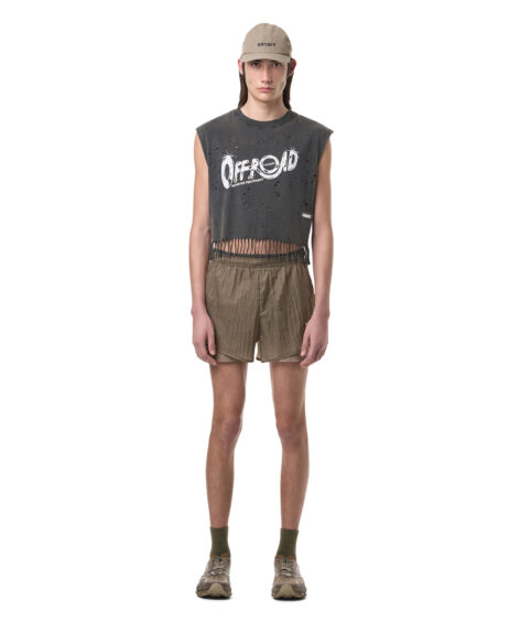 SATISFY MothTech Cropped Fringed Muscle Tee / サティスファイ モスティッククロップフリンジマッスルティー